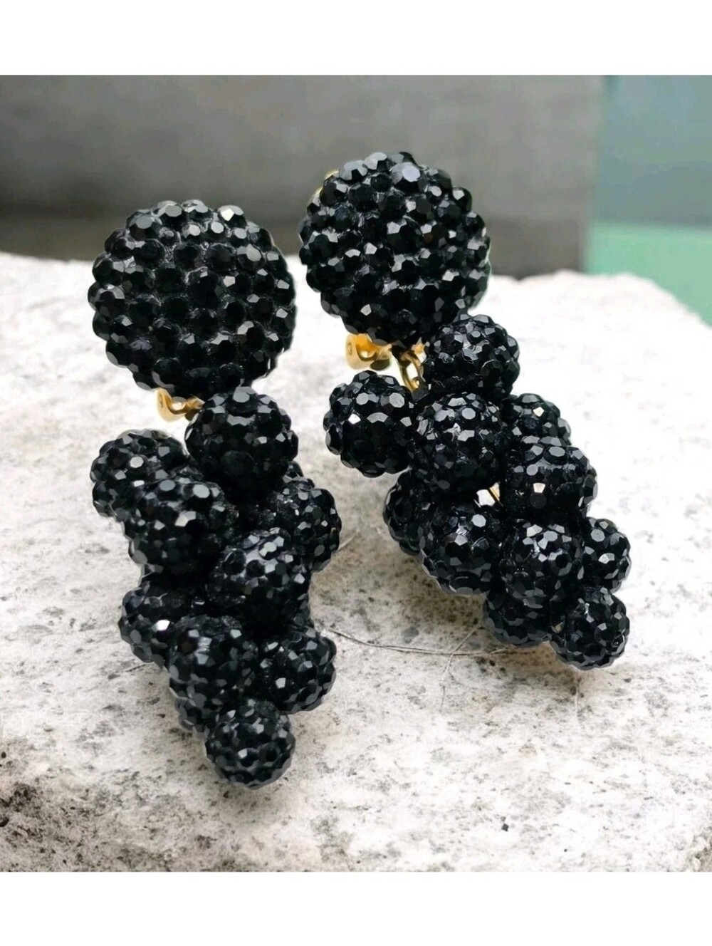 Vintage Signed James Arpad Black Crystal Disco Ball Cluster Dangle Clip Earrings